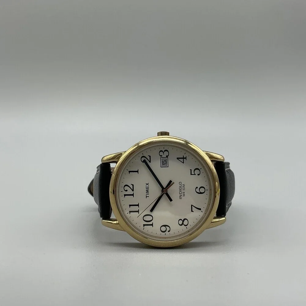 Timex Indiglo Mens Watch 35mm White Dial Gold Tone Leather Date New Battery